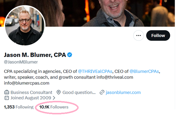 X profile of Jason M. Blumer, CPA, posting about firm ownership and the future of accounting