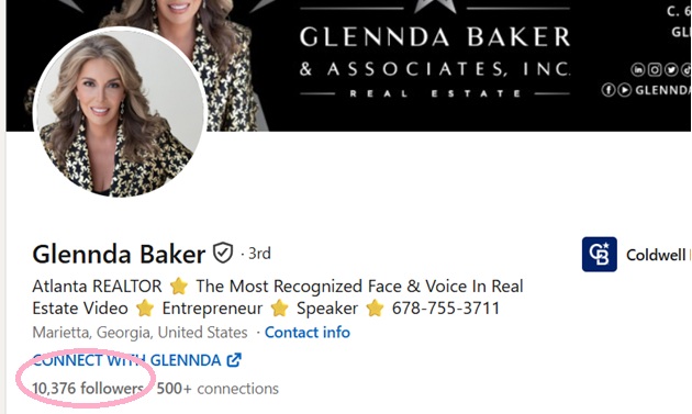 LinkedIn profile of Atlanta realtor Glennda Baker positioning her as a speaker and coach
