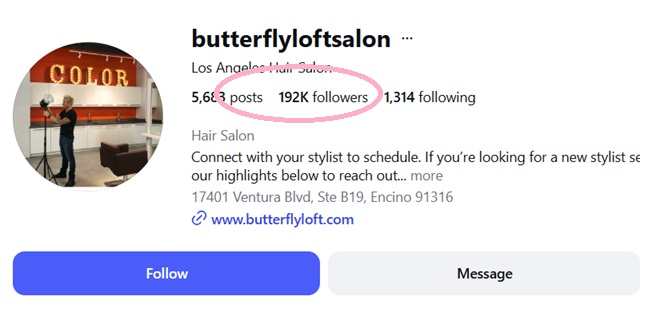 Instagram feed of Butterfly Loft Salon showing dramatic client hair transformations